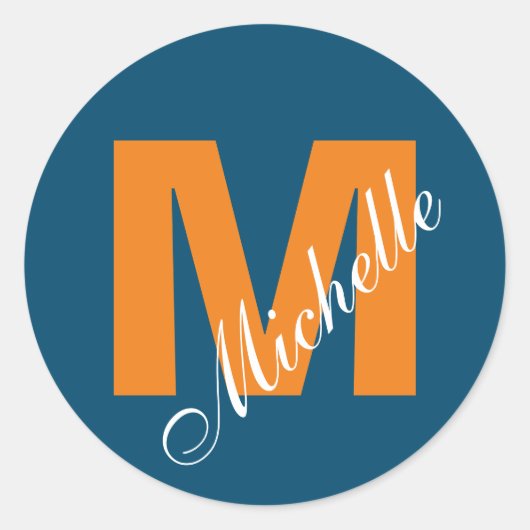 Sticker Rond Monogramme Propre Nom Initiale Moderne Océan Bleu  (Devant)