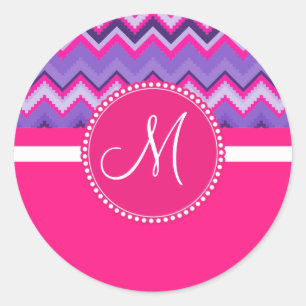 Sticker Rond Monogramme Purple Pink Tribal Chevron Zig Zags