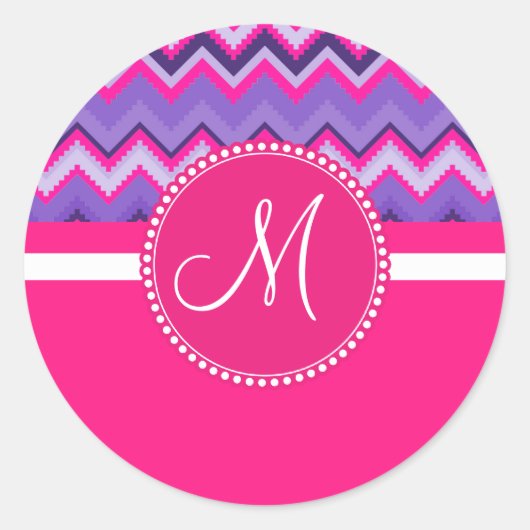 Sticker Rond Monogramme Purple Pink Tribal Chevron Zig Zags (Devant)