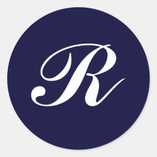 Sticker Rond Monogramme R, écriture blanche sur bleu marine