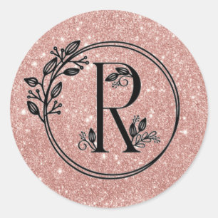Sticker Rond Monogramme R Rose Gold Blush Pink Parties scintill