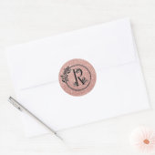 Sticker Rond Monogramme R Rose Or Blush Pink Glitter Floral (Enveloppe)