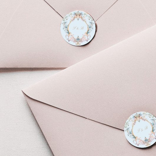 Sticker Rond Monogramme Régence Crest Élégant Bleu