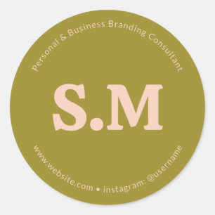 Sticker Rond Monogramme Rétro Entreprise Vert Rose Blush