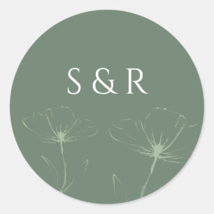 Sticker Rond Monogramme Rond en Ligne Art Floral Vert Sauge Élé