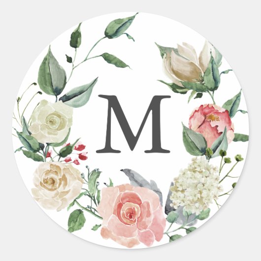 Sticker Rond Monogramme Rose aquarelle (Devant)