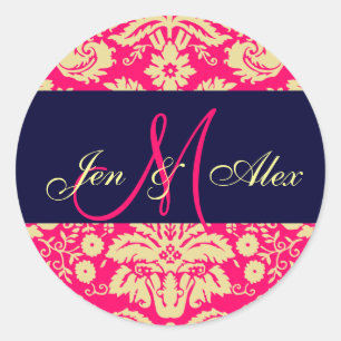 Sticker Rond Monogramme rose chaud et marine Mariage damassé Se