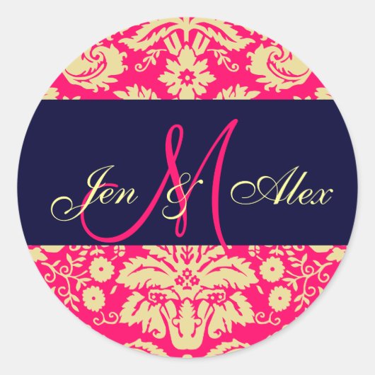 Sticker Rond Monogramme rose chaud et marine Mariage damassé Se (Devant)