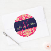 Sticker Rond Monogramme rose chaud et marine Mariage damassé Se (Enveloppe)