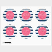 Sticker Rond Monogramme rose chaud Motif rayé blanc et marine (Feuille)