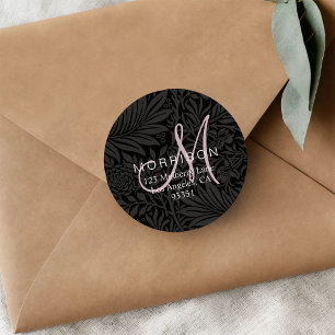 Sticker Rond Monogramme Rose Élégant Adresse de Retour Florale