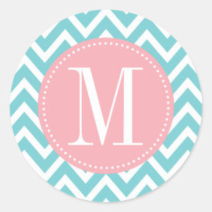 Sticker Rond Monogramme rose et bleu-clair de coutume de