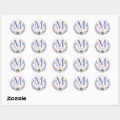 Sticker Rond Monogramme rose et bleu Damas (Feuille)