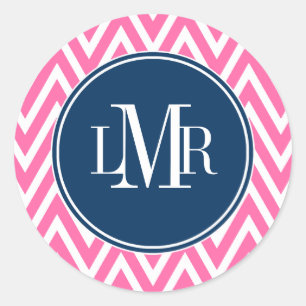Sticker Rond Monogramme rose et bleu marine Chevrons