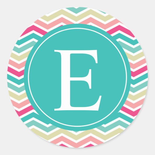 Sticker Rond Monogramme rose Turquoise Chevron (Devant)