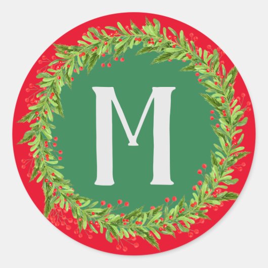 Sticker Rond Monogramme Rouge et vert Wreath Noël (Devant)