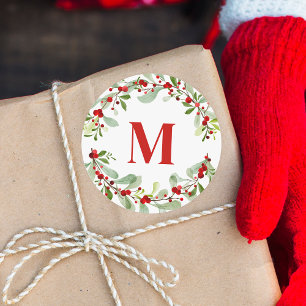 Sticker Rond Monogramme rouge moderne Berry Berry Noël