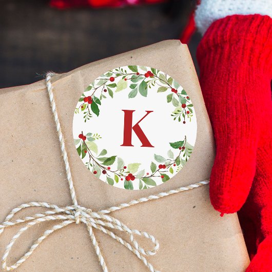 Sticker Rond Monogramme rouge rustique Holly Feuilles Berries N