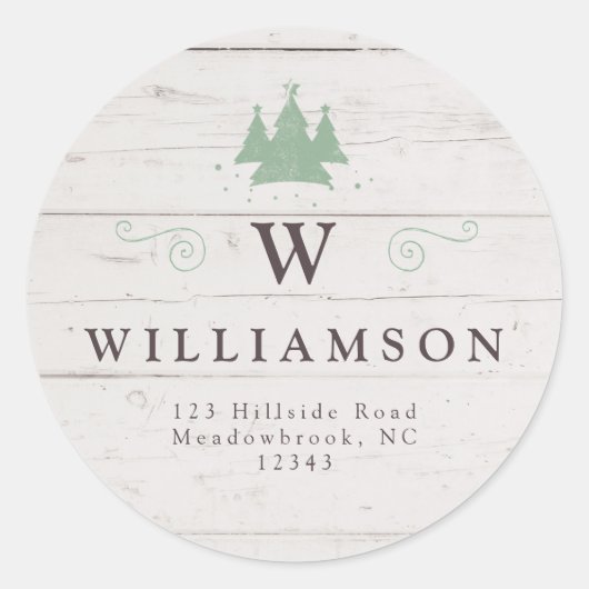 Sticker Rond Monogramme rustique Bois Arbre de Noël Adresse de  (Devant)