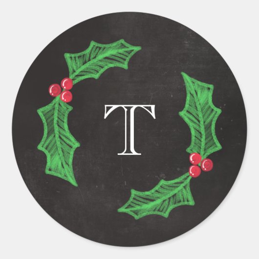 Sticker Rond Monogramme rustique de tableau de Noël gai de houx (Devant)