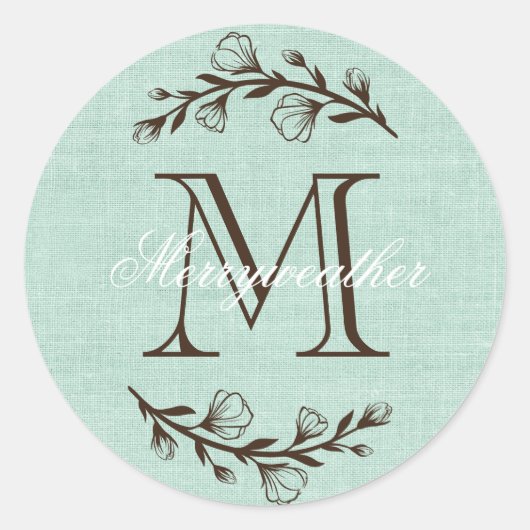 Sticker Rond Monogramme rustique élégant Floral Turquoise Burla (Devant)