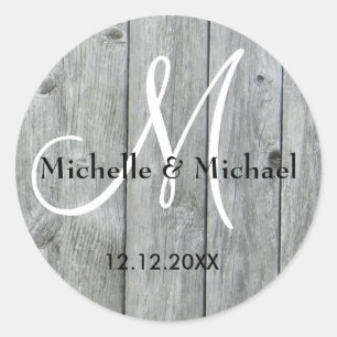 Sticker Rond Monogramme Rustique Gris En Bois