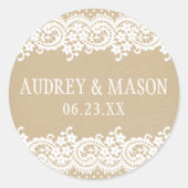 Sticker Rond Monogramme Rustique Kraft et Mariage de dentelle (Devant)
