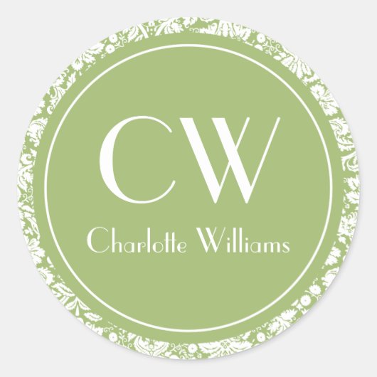 Sticker Rond Monogramme Sage Green Damask (Devant)