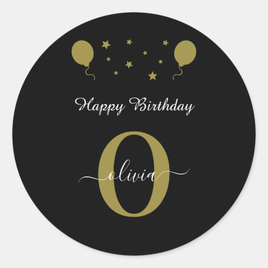 Sticker Rond Monogramme Script Bonne Anniversaire Noir Blanc Or (Devant)