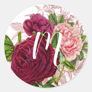 Sticker Rond Monogramme Script Fleurs Rose et Bourgogne