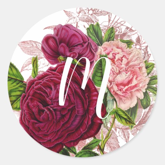 Sticker Rond Monogramme Script | Florale Rose Pâle et Bourgogne (Devant)