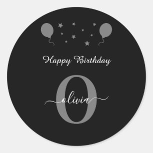 Sticker Rond Monogramme Script Joyeux anniversaire noir blanc g