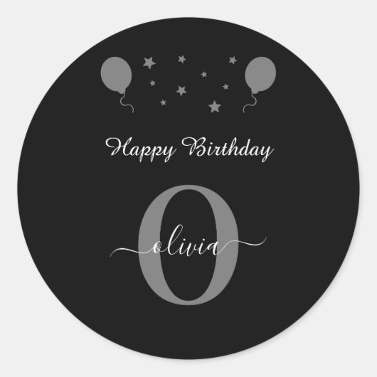 Sticker Rond Monogramme Script Joyeux anniversaire noir blanc g (Devant)