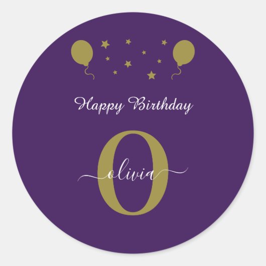Sticker Rond Monogramme Script Joyeux Anniversaire Purple Blanc (Devant)