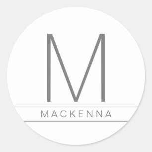 Sticker Rond Monogramme simple moderne Nom Gris Blanc