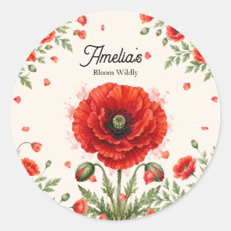 Sticker Rond Monogramme Symétrique au Coquelicot Rouge Aquarell