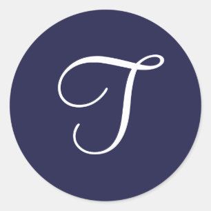 Sticker Rond Monogramme T, blanc sur bleu marine,