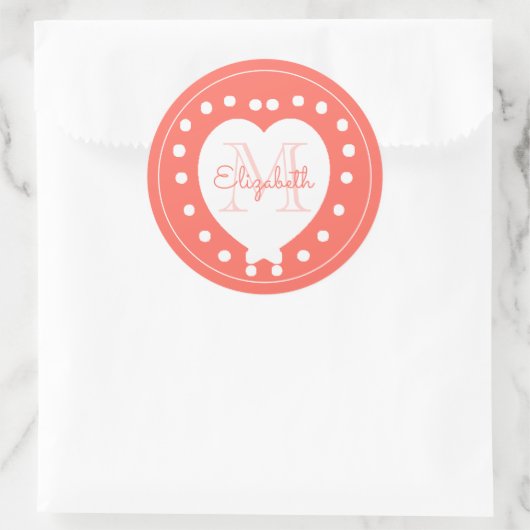 Sticker Rond Monogramme tendance Coral Coeur blanc (Sac)