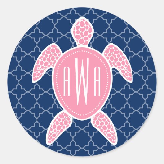 Sticker Rond Monogramme Tortue de mer rose bleu Quatrefoil (Devant)