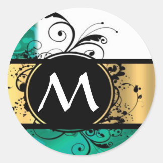 Sticker Rond monogramme turquoise vert et or