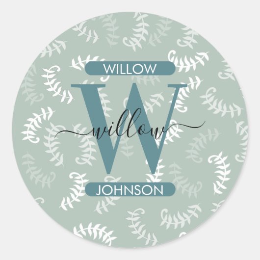 Sticker Rond Monogramme turquoise vert Feuille (Devant)