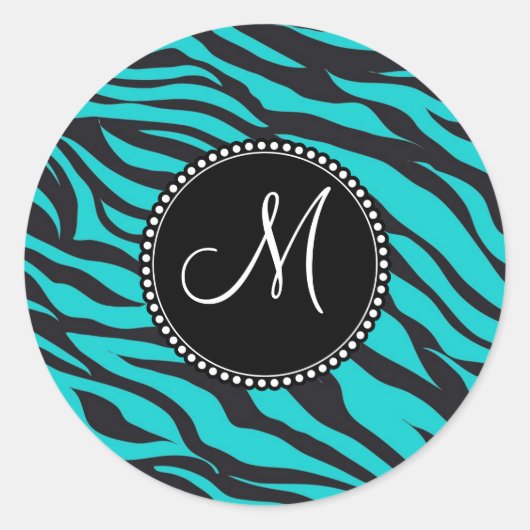 Sticker Rond Monogramme Turquoise Zèbre noir Imprimer Zèbre ani (Devant)