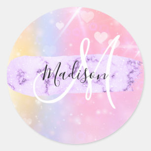 Sticker Rond Monogramme Unicorn couleur Girly Rainbow Hearts