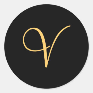 Sticker Rond Monogramme V, V initial de couleur or sur le noir,