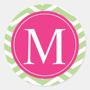 Sticker Rond Monogramme vert Chevron rose