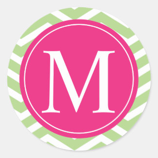 Sticker Rond Monogramme vert Chevron rose