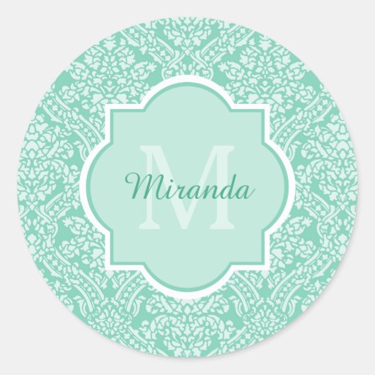 Sticker Rond Monogramme vert de menthe élégant avec nom (Devant)