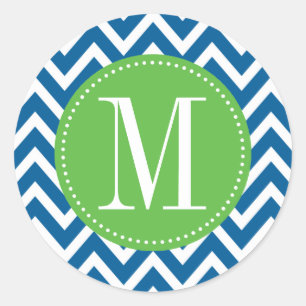Sticker Rond Monogramme vert et bleu de coutume de Chevron