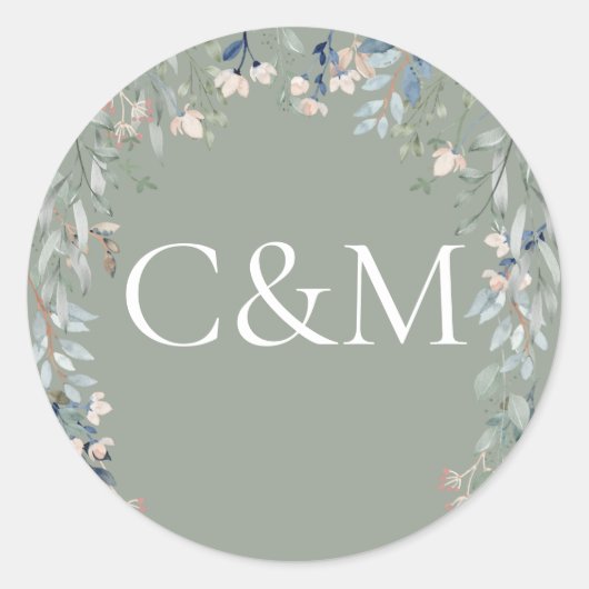 Sticker Rond Monogramme vert fleur sauvage Floral Sage (Devant)