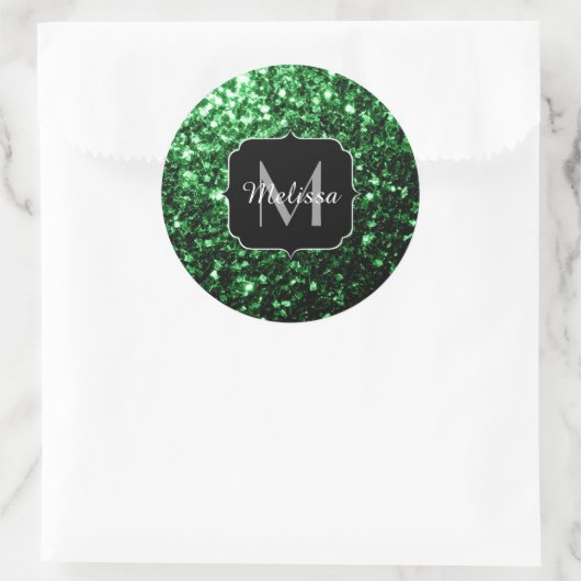 Sticker Rond Monogramme vert foncé faux parties scintillant sci (Sac)